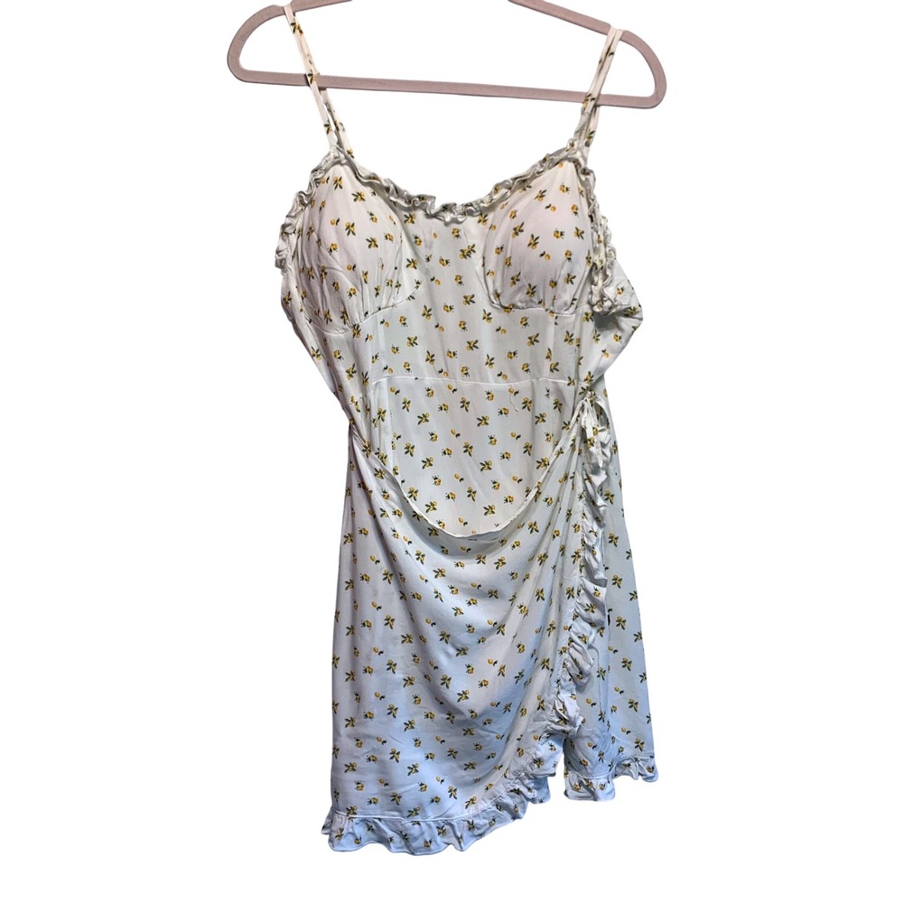 Vine and Valley Lemon Print Ruffle Wrap Mini Dress M White Yellow Summer dainty